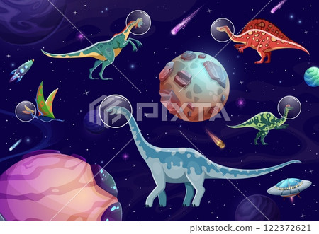 Cartoon dinosaur astronauts in outer space. Vector dino characters in helmets, surrounded by stars, planets, constellations and comets. Playful imaginative prehistoric creatures exploring the universe Cartoon dinosaur astronauts in outer space. Vector dino characters in helmets, surrounded by stars, planets, constellations and comets. Playful imaginative prehistoric creatures exploring the universe 122372621