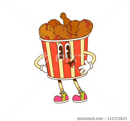 Groovy hippie chicken legs bucket character or funny fast food, vector retro cartoon. Groovy fried chicken legs in basket box with happy smile and funky face for hippie or hipster fast food character 122372623