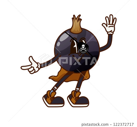 Cartoon groovy blackcurrant berry pirate or corsair character, vector comic personage. Groovy black currant berry with funny face as Caribbean pirate in corsair eyepatch with skull and crossbones 122372717
