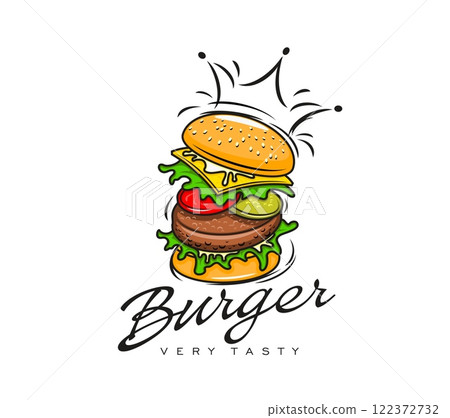 Burger icon, vector fast food meal featuring appetizing burger stacked with layers of lettuce, tomato, cheese, beef patty and pickles, topped with a sesame seed bun. Vector trendy restaurant emblem 122372732