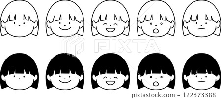 Set of monochrome illustrations of bob-haired girls' faces 122373388