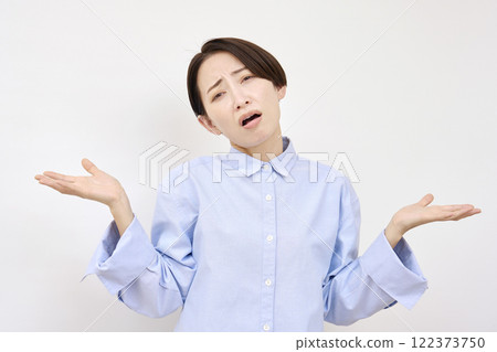 Woman giving up white background 122373750