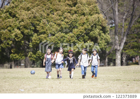 Five first-year students commuting to school Five first-year students commuting to school 122373889
