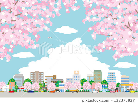Illustration of a spring cityscape with cherry blossoms in bloom. Illustration of a spring cityscape with cherry blossoms in bloom. 122373927