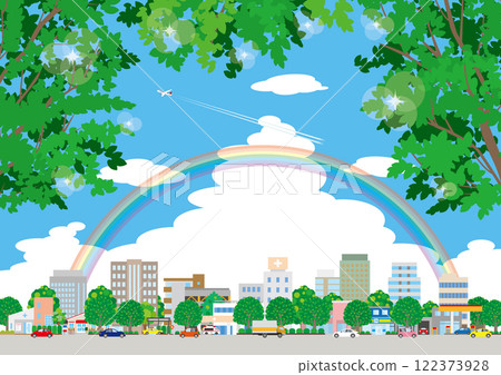 新鮮的綠色城市景觀插圖。 122373928