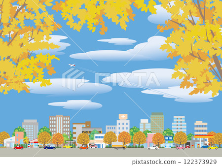 城市景觀與秋葉的插圖。 城市景觀與秋葉的插圖。 122373929