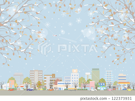 Snowy cityscape illustration. 122373931