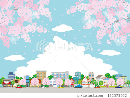 櫻花盛開的春天城市景觀的插圖。 櫻花盛開的春天城市景觀的插圖。 122373932