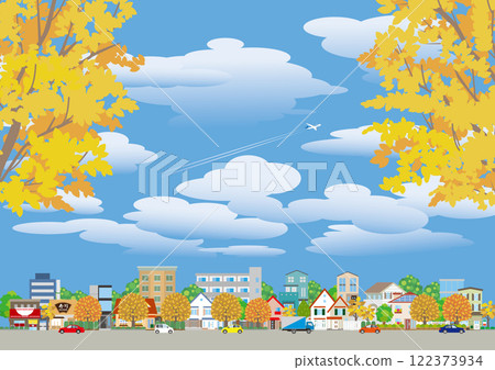 Autumn leaves cityscape illustration. 122373934