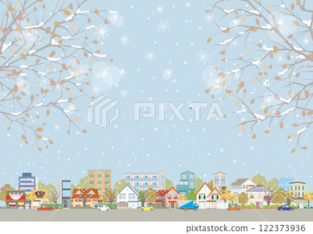 Snowy cityscape illustration. 122373936