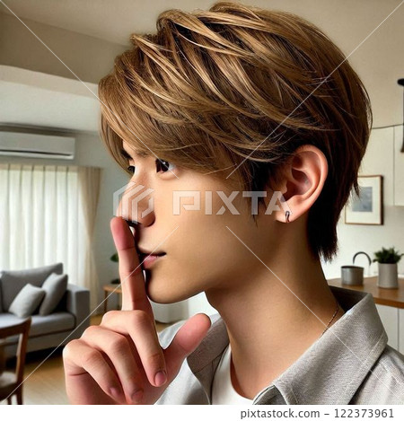 Blonde Japanese man telling a secret Blonde Japanese man telling a secret 122373961