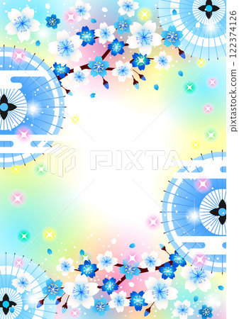 櫻花彩虹色背景，樹枝和日本傘，插圖，藍色，垂直，日式，可愛 122374126