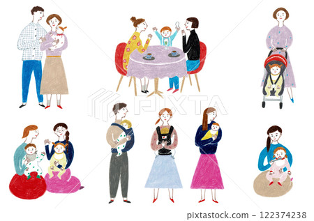 Hand-drawn illustration: Set of family living with baby 122374238