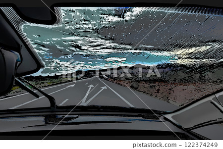View from the eyes of a car passenger. Windscreen wipers remove rain from the windshield of a car driving on the highway. View from the eyes of a car passenger. Windscreen wipers remove rain from the windshield of a car driving on the highway. 122374249