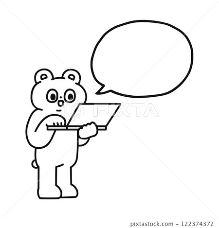 A funny bear operating a computer with a speech bubble - line drawing 122374372