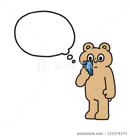 A funny bear looking at a smartphone with a speech bubble 122374373