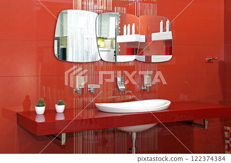 Red bathroom wall Red bathroom wall 122374384