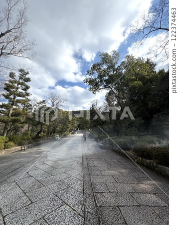 Walking along the cobblestones towards the winter sky 122374463