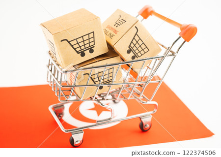 Box with shopping online cart logo and Tunisia flag, Import Export Shopping online or commerce finance delivery service store product shipping, trade, supplier. 122374506