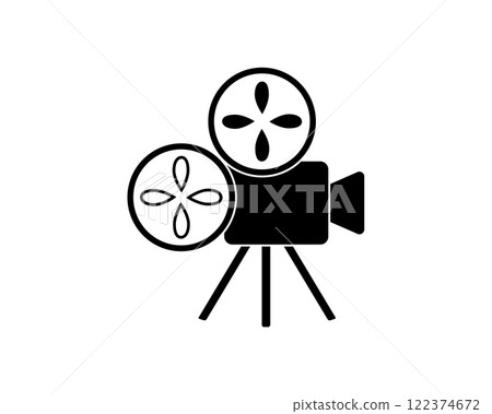 Simple black and white illustration of a movie projector (with white border) 122374672