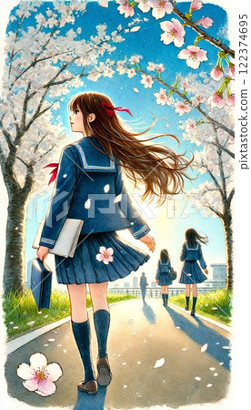 A high school girl in uniform walking along a row of cherry blossom trees in the sunlight on her way home from a graduation ceremony 122374695