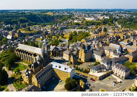 Drone view of Fougeres with parish church and Chateau, France 122374786
