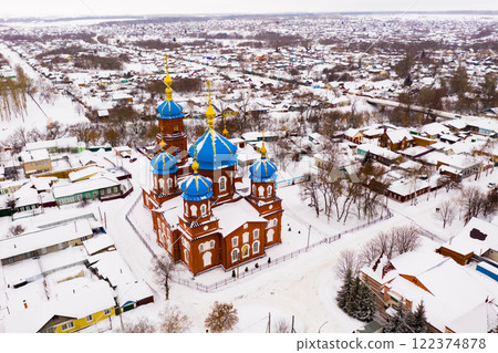 Aerial view of Church of the Intercession in winter in the city Petrovsk. 122374878