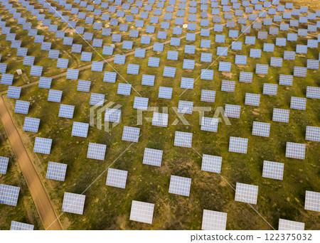 Photovoltaic solar panels at field, aerial photo Photovoltaic solar panels at field, aerial photo 122375032