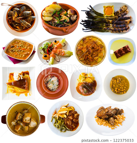 ollection of delicious restaurant and homemade Catalan dishes isolated on white.. 122375033