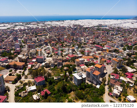 Aerial cityscape of Turkey city Anamur on mediterranean sea shore Aerial cityscape of Turkey city Anamur on mediterranean sea shore 122375120