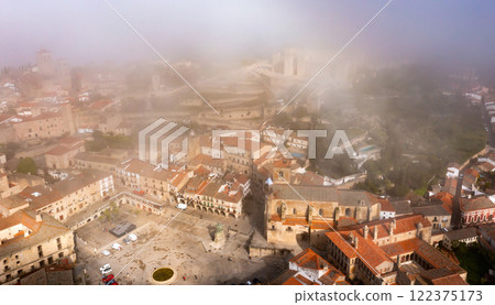 Bird's eye view of misty Trujillo, Spain 122375173