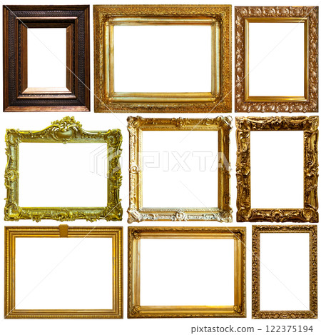 Collection of old empty art frames in different shapes isolated 122375194