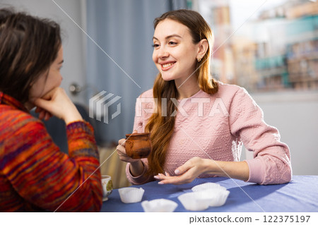 Two female friends drinking tea and talking at home 122375197