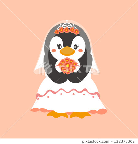 Vector illustration of a penguin in a wedding dress holding a bouquet of flowers Vector illustration of a penguin in a wedding dress holding a bouquet of flowers 122375302