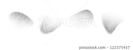 Abstract fading dotted gradient shapes. Black liquid stippled object set. Grainy spray spots and stains. Noise splashes and splatters forms. Dissolve sand dust texture. Vector halftone fluid elements 122375437