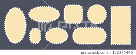 Beige postage stamps set. Post stamp frames and borders. Ellipse and rectangle template for mail, postcard, letter, note. Jagged wavy edge forms. Vector zigzag objects for badge, sticker, photo Beige postage stamps set. Post stamp frames and borders. Ellipse and rectangle template for mail, postcard, letter, note. Jagged wavy edge forms. Vector zigzag objects for badge, sticker, photo 122375449