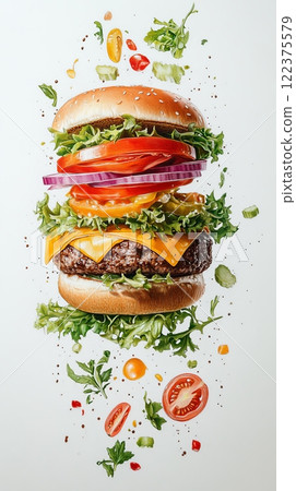 Delicious Cheeseburger with Floating Ingredients 122375579