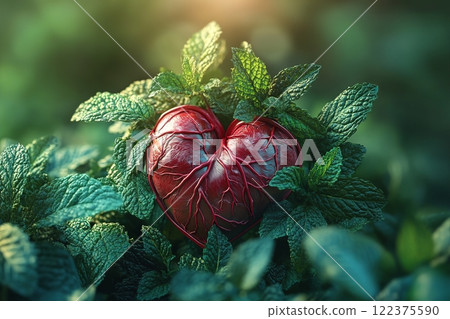 Red Anatomical Heart Nestled in Mint Leaves Red Anatomical Heart Nestled in Mint Leaves 122375590