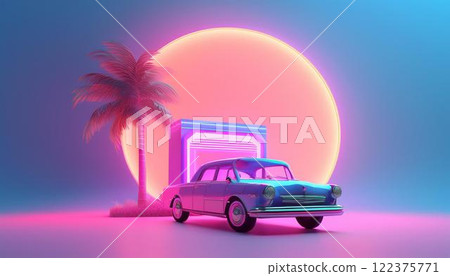 Fantasy composition with 3D old fashioned car and neon lights background, palm trees 122375771