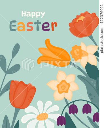 Happy Easter greeting card. Background with spring flowers. Vector illustration in a flat style. 122376021