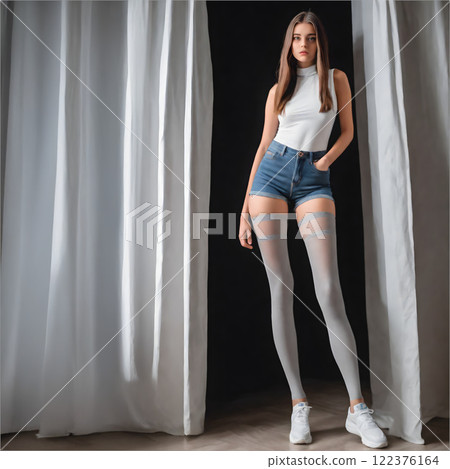 一個苗條的長腿模特兒拉開窗簾出現了 122376164