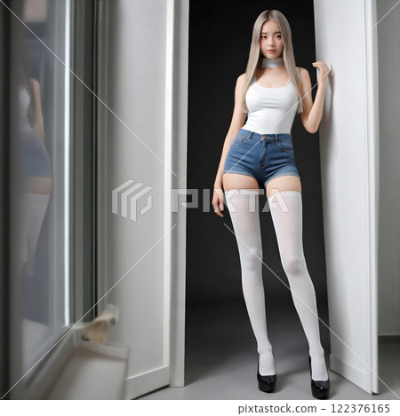 皮膚白皙的日本美女，染著金髮，帶著玻璃窗 122376165