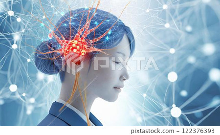 3D CG illustration of a woman suffering from brain pain and headache Image of brain tumor, cancer, stroke, cerebral infarction 3D CG illustration of a woman suffering from brain pain and headache Image of brain tumor, cancer, stroke, cerebral infarction 122376393