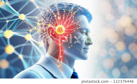 3D CG illustration of a man suffering from brain pain and headache Image of brain tumor, cancer, stroke, cerebral infarction 3D CG illustration of a man suffering from brain pain and headache Image of brain tumor, cancer, stroke, cerebral infarction 122376446