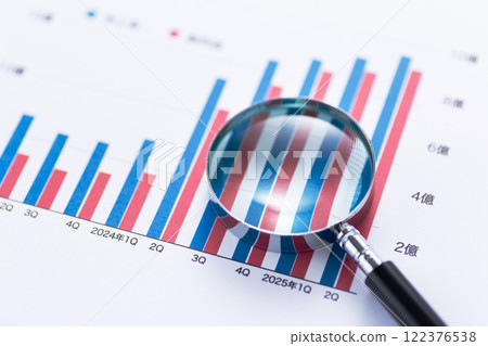 Company performance graph and magnifying glass 122376538