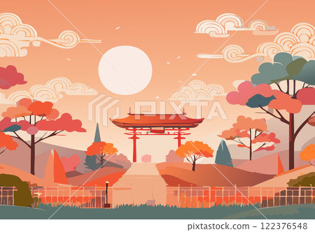 Shrine, temple, shrine, temple, dusk, landscape, illustration 122376548