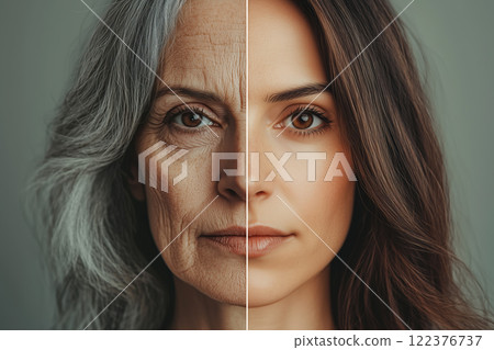 A portrait split a woman showing old and youth age. Two parts of the life aging human comparison two halves. Generative AI. 122376737