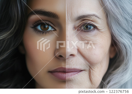 A portrait split a woman showing old and youth age. Two parts of the life aging human comparison two halves. Generative AI. 122376756