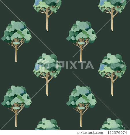 Hand drawn leafy forest seamless pattern. Painted trees on dark green background. Eucalyptus illustration endless pattern design element perfect for printing, textile, wrapping paper 122376974