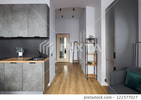 The interior of a modern minimalist apartment includes a stylish kitchen and a hallway 122377027